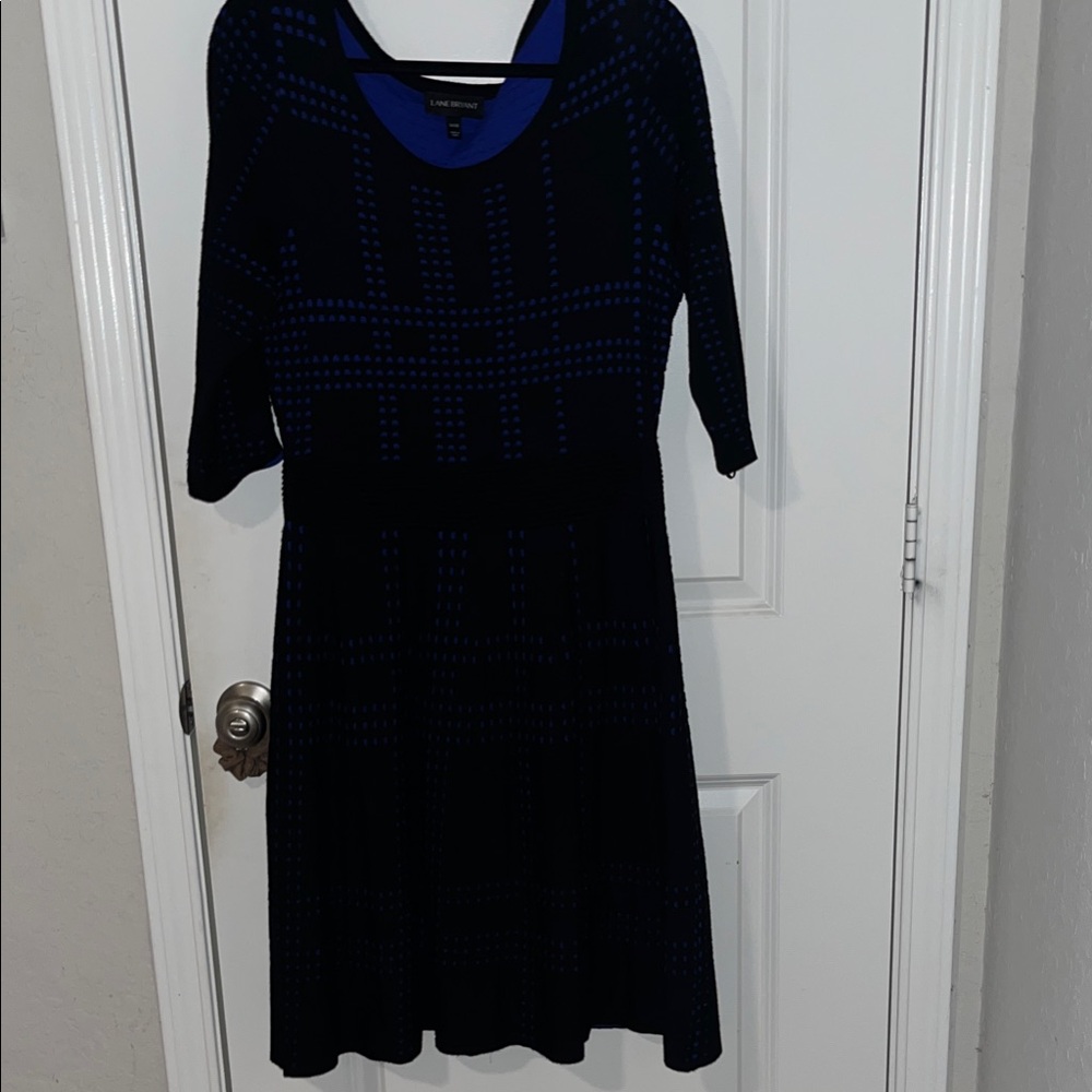 Lane Bryant Black and Navy Patterned Scoop-Neck Long Sleeve Dress
